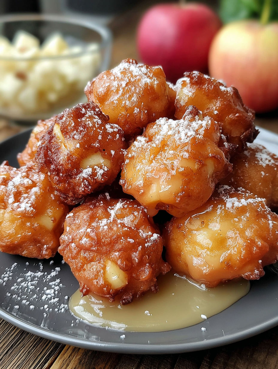 A plate of fried dough with powdered sugar on top.