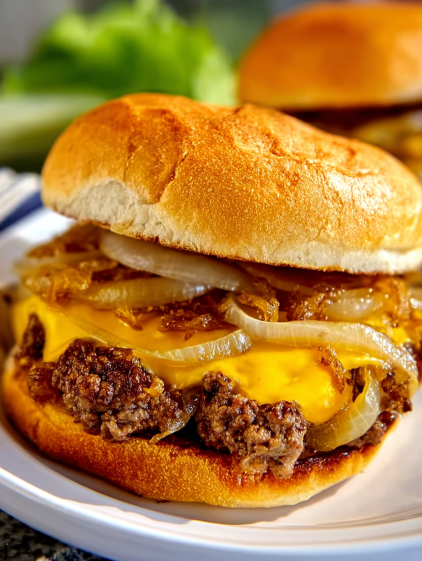 A close up of a hamburger with onions.