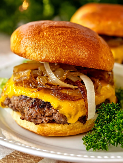 A close up of a burger with onions and cheese.