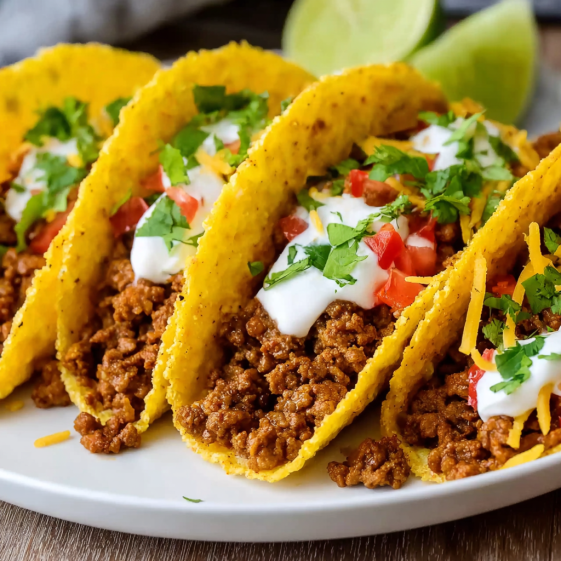 A plate of tacos with meat and cheese.