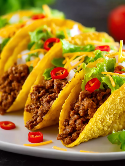A plate of tacos with cheese, lettuce, and peppers.