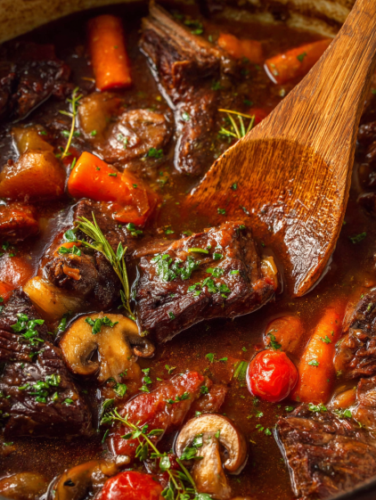 A close up of a wooden spoon in a bowl of stew.