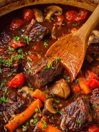 A wooden spoon in a pot of beef stew.