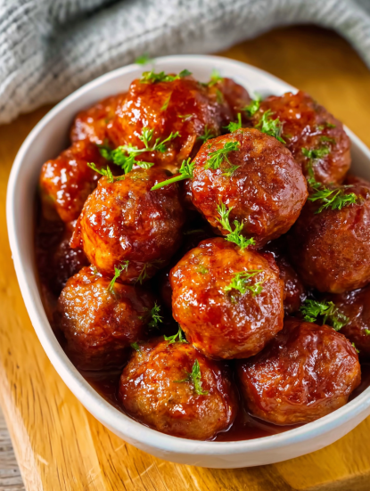 A bowl of meatballs with a brown sauce.