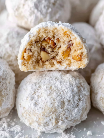 A close up of a snowball cookie.