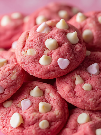 A stack of pink cookies with white chocolate chips.