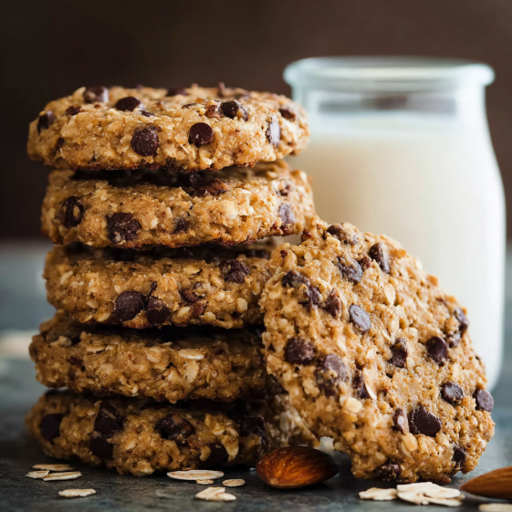 A stack of chocolate chip cookies with milk.