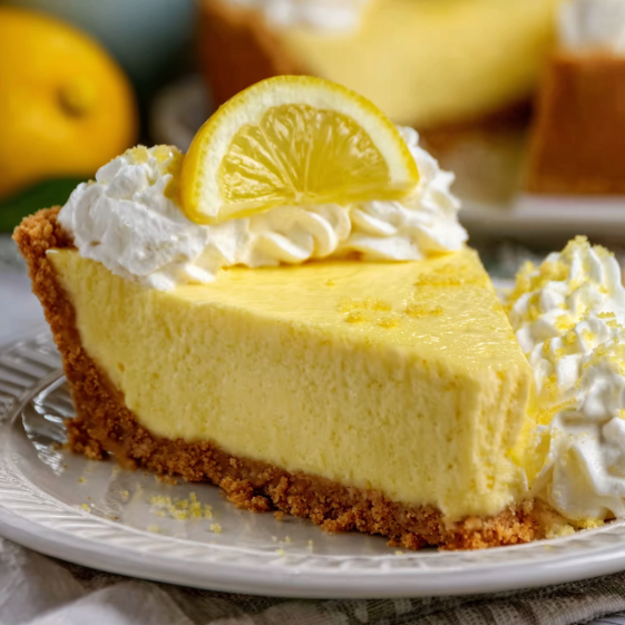 A slice of lemon meringue pie with a lemon wedge on top.