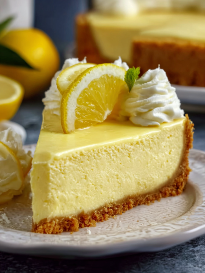 A slice of cheesecake with lemon slices on top.
