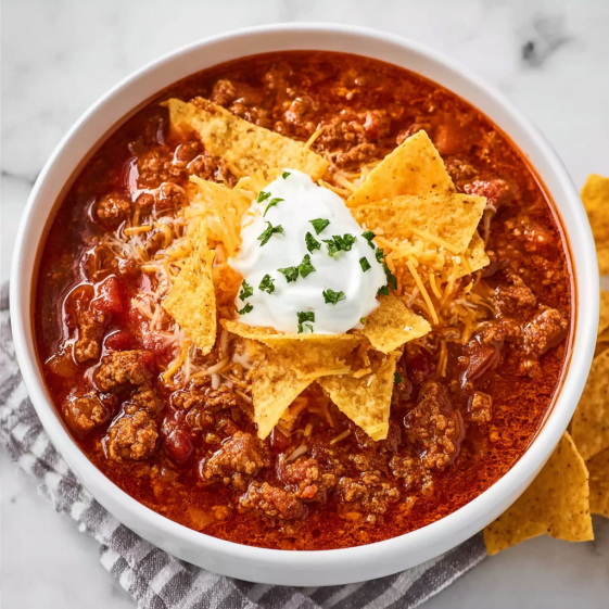 A bowl of chili with a dollop of sour cream on top.
