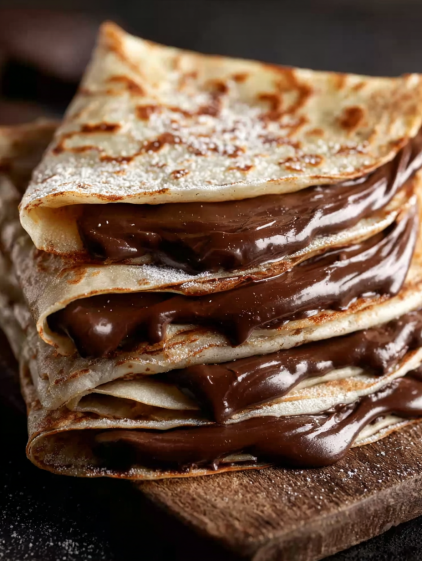 A stack of chocolate covered crepes.