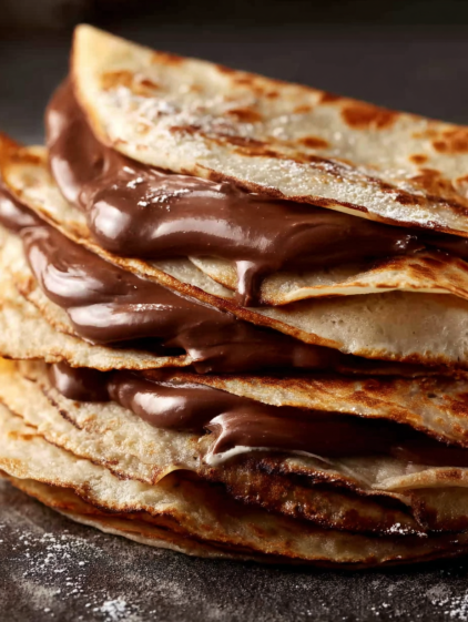 A stack of pancakes with chocolate syrup on top.