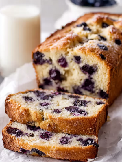 A slice of blueberry cake with white frosting.
