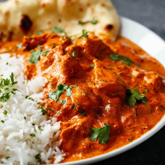 A plate of chicken tikka masala with rice and naan.