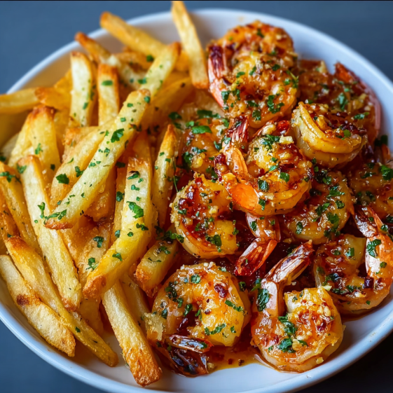 A plate of shrimp with a spicy honey garlic sauce and crispy fries.