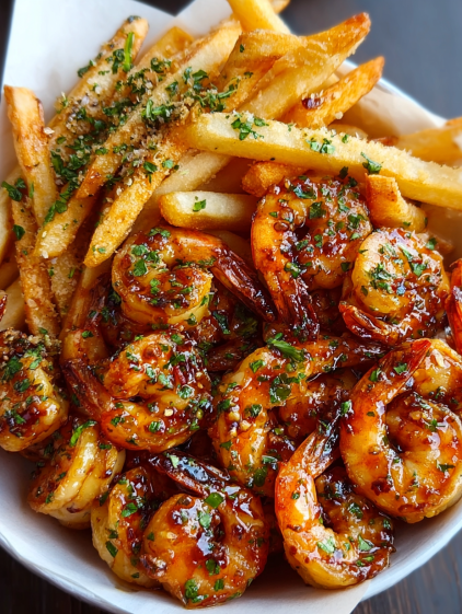A plate of shrimp and fries.