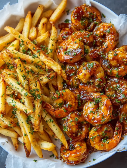 A plate of shrimp and fries.