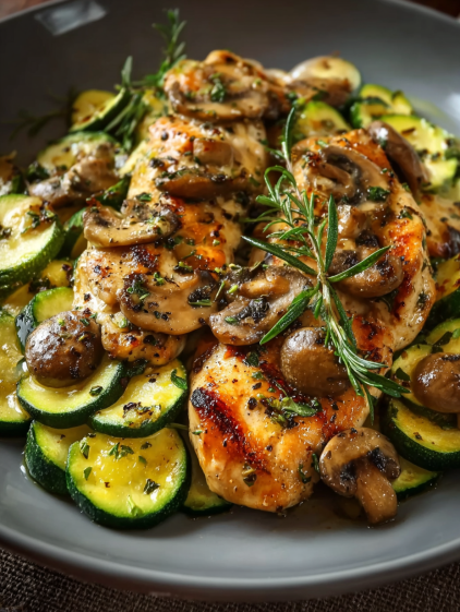 A plate of food with chicken, mushrooms and zucchini.