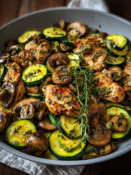 A bowl of food with chicken, mushrooms and zucchini.