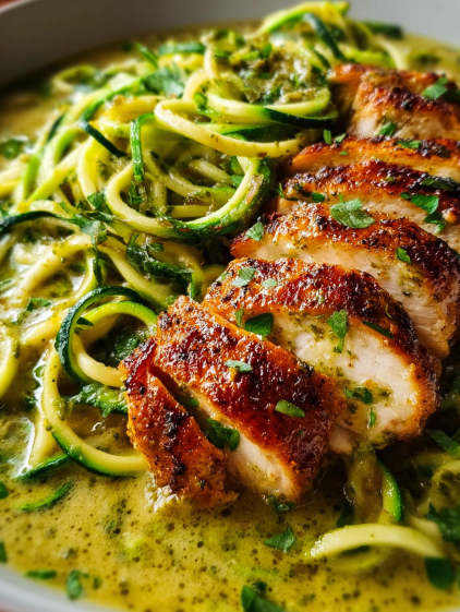 A delicious dish of chicken breast in creamy pesto sauce with zucchini noodles.