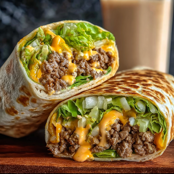 Two homemade Big Mac wraps with special sauce.