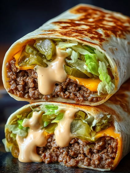 A homemade burger wrap with special sauce.