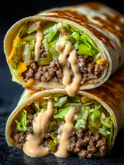 A homemade burger wrap with lettuce and special sauce.
