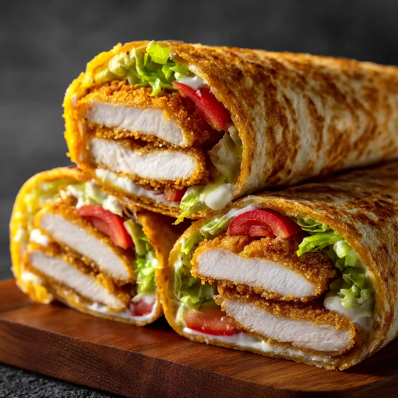 A crispy wrap with chicken, cheese and garlic.