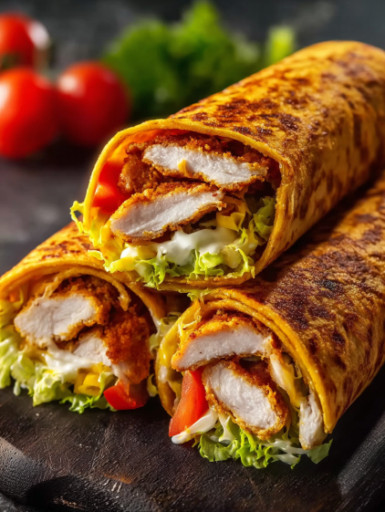 A delicious crispy wrap with chicken, cheese and garlic.