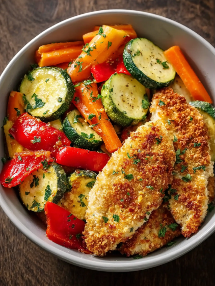 A bowl of food with chicken, carrots, and zucchini.