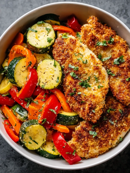 A bowl of food with chicken, vegetables and herbs.