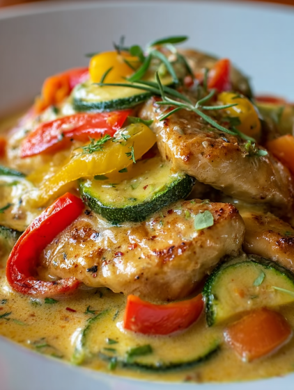 A creamy chicken dish with peppers and zucchini.