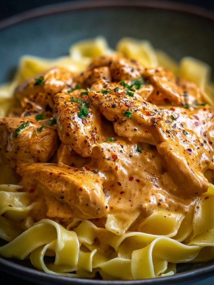A delicious creamy paprika chicken dish served with tagliatelle.