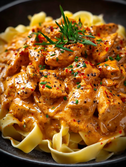 A delicious creamy paprika chicken dish with tagliatelle.