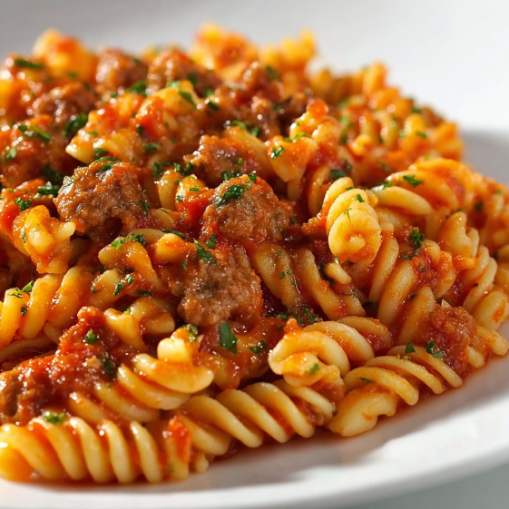 A plate of pasta with meat and tomato sauce.
