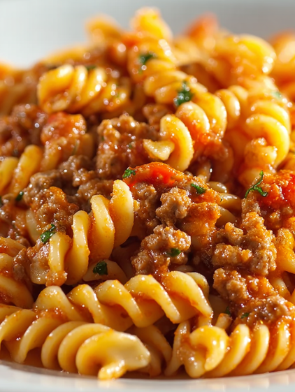 A delicious creamy pasta dish with minced meat and tomato sauce.