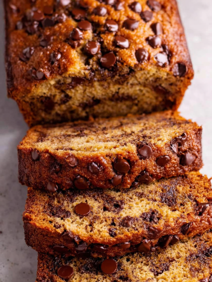 Three slices of chocolate chip banana bread.