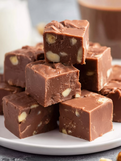 A stack of chocolate squares with nuts.