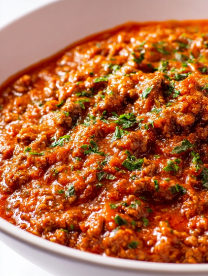 A bowl of red sauce with meat and green herbs.
