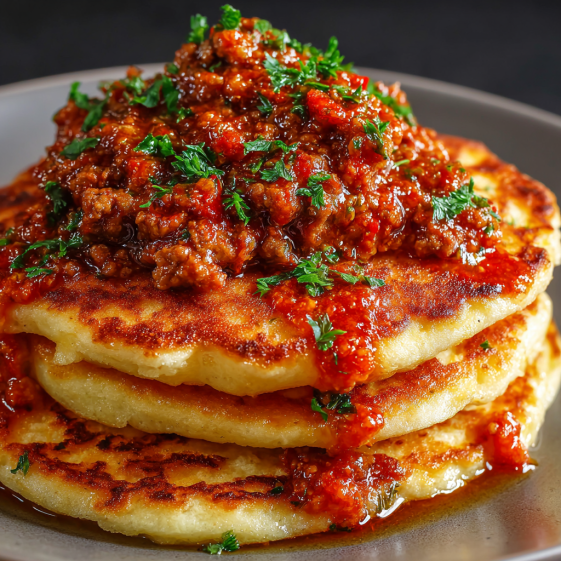 A stack of pancakes with chicken and bolognese sauce.
