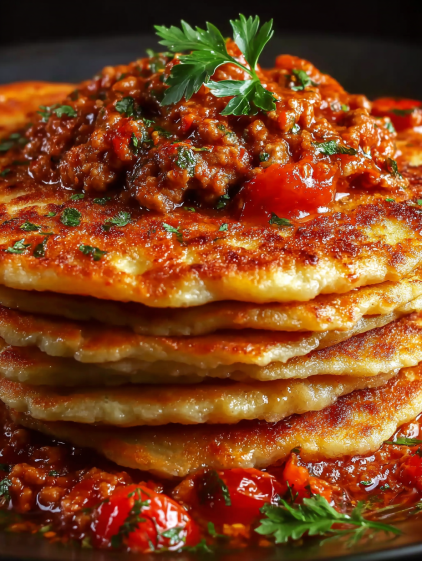 A stack of chicken pancakes with bolognese sauce.