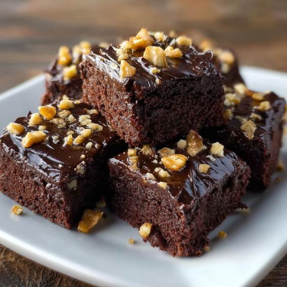 Chocolate fudge cake on a white plate.
