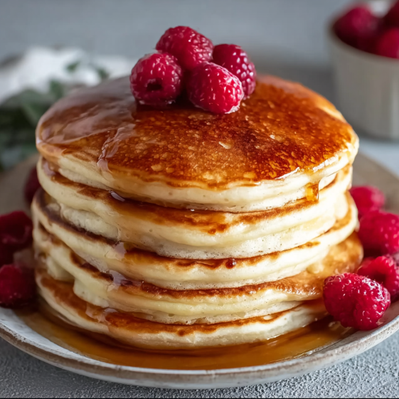 A stack of fluffy pancakes with berries on top.