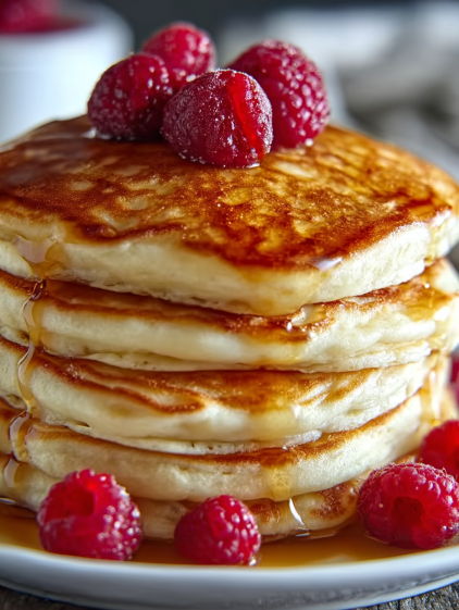 A stack of fluffy pancakes with berries on top.