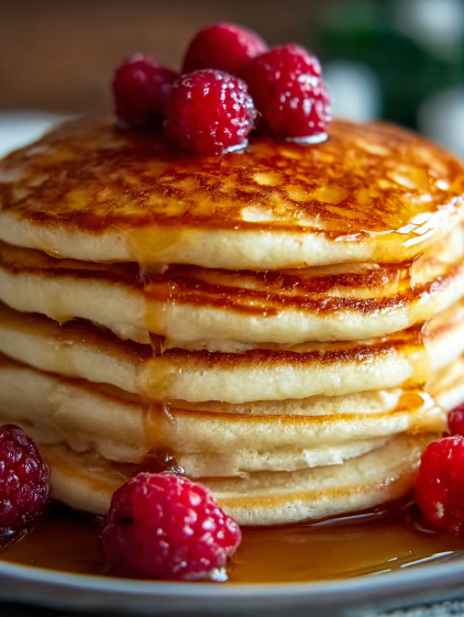 Fluffy pancakes with berries on top.