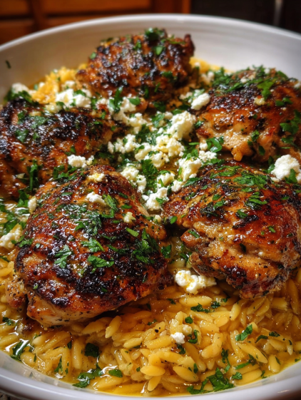 A plate of chicken with rice and feta cheese.