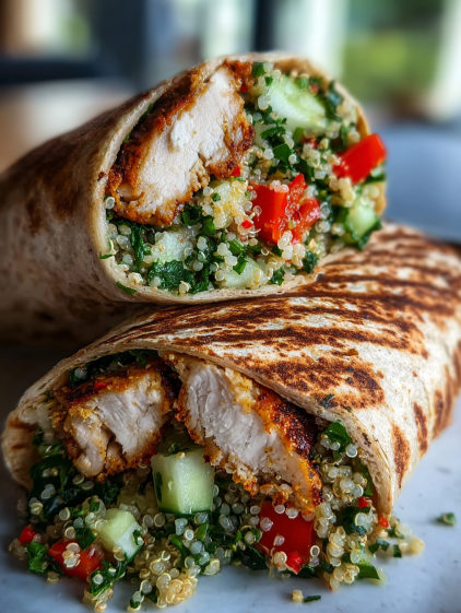 A wrap with chicken and vegetables.