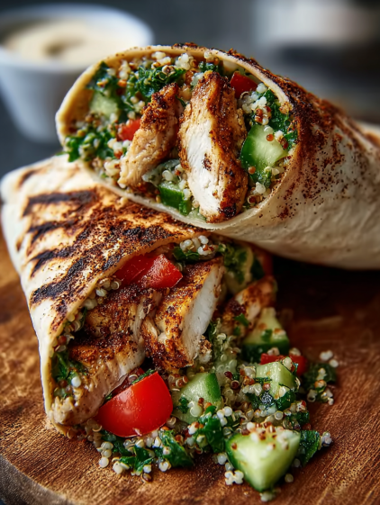 A wrap with chicken, tomatoes, and cucumbers.