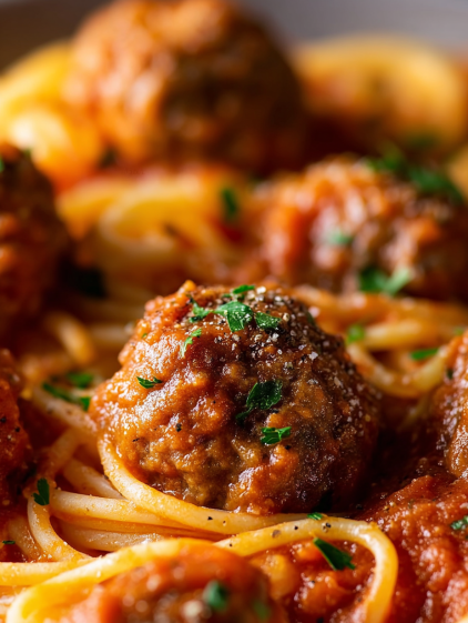 A plate of spaghetti with meatballs and sauce.