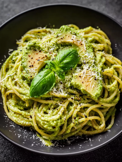 A bowl of pasta with green sauce and cheese.